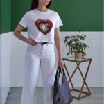 Women White Cotton Printed T-Shirt Heart Lock Floral Design Casual Wear Stylish Girls Top