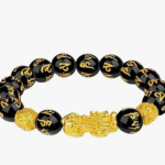 Original Feng Shui Black Obsidian Om Mani Pixiu Wealth Bracelet, 12 mm with Adjustable Elastic for Men Women Boys Girls as Fashion and Healing