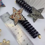LETZSHOPPE Spiral Hair Ties (Set of 2) – Black Telephone Wire Elastic Ponytail Holders with Cute Star Rhinestone Design for Women, Girls & Kids