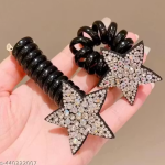 LETZSHOPPE Spiral Hair Ties (Set of 2) – Black Telephone Wire Elastic Ponytail Holders with Cute Star Rhinestone Design for Women, Girls & Kids
