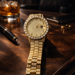 KHRIST Luxury Gold-Tone Crystal-Studded Analog Watch for Men | Diamond-Style Dial & Bracelet | Elegant Party & Occasion Wear Timepiece