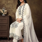 PickCell Roman Silk Embroidery Work Kurti Set | 3 Piece Suit with Dupatta for Women Premium Ethnic Wear