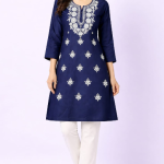 CPMPUER CHIKANKARI RAYON KURTI ROUND NECK 3/4TH SLEEVE .46INCH LENGTH