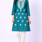 CPMPUER CHIKANKARI RAYON KURTI ROUND NECK 3/4TH SLEEVE .46INCH LENGTH
