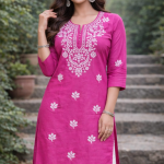 CPMPUER CHIKANKARI RAYON KURTI ROUND NECK 3/4TH SLEEVE .46INCH LENGTH
