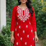 CPMPUER CHIKANKARI RAYON KURTI ROUND NECK 3/4TH SLEEVE .46INCH LENGTH