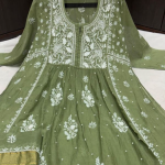KALA Green Pure Mulmul Chikankari Pearl Gown Dupatta Set
