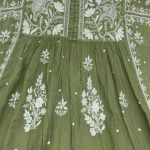KALA Green Pure Mulmul Chikankari Pearl Gown Dupatta Set