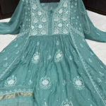 KALA Green Pure Mulmul Chikankari Pearl Gown Dupatta Set
