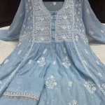 KALA Green Pure Mulmul Chikankari Pearl Gown Dupatta Set