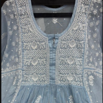 KALA Green Pure Mulmul Chikankari Pearl Gown Dupatta Set