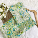 ISHANI Mulmul Cotton Printed Green Chikankari Kurta Palazzo Set
