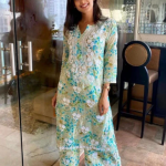 ISHANI Mulmul Cotton Printed Green Chikankari Kurta Palazzo Set