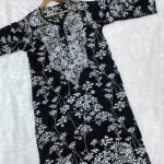 NISHA Black Mulmul Printed Chikankari Long Kurta