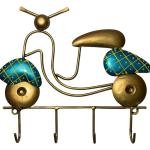 Decorative Scooter Wall Key Holder, Metal Wall Mount Hook Hanger, Turquoise and Gold, 4 Hooks