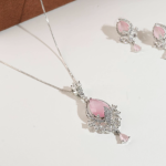 Silver-Toned Necklace And Earrings Set With Pink Teardrop Stone